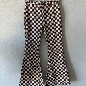 Brown and White Checkered Flared Pants